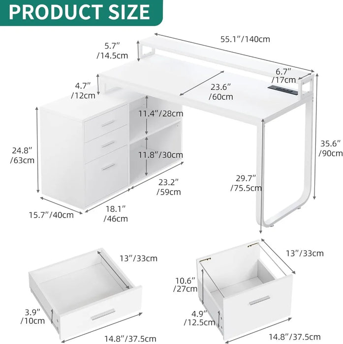 L Shaped Desk with Drawers, 55" Corner Computer Desk with Power Outlets & LED Lights, Home Office Desk with File Cabinet, White