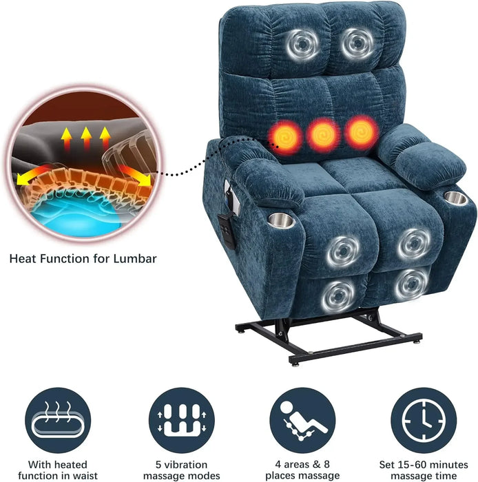 Power Lift Recliner Oversize Chair Dual Motor Vibration Massage Heated Gift Fabric Single Sofa for Elder with Side Pock