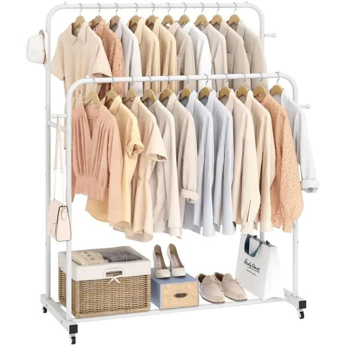 Double Rods Garment Rack with Wheels, Clothing Rack for Hanging Clothes,4 Hooks, Multi-functional Bedroom Clothes Rack