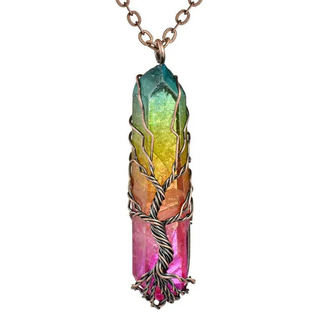 7 Chakra Natural Rainbow Stone Pendant Healing Crystal Necklace Unisex Long Chain Tree of Life Statement Jewelry Gift