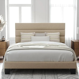 King size platform bed frame,Fabric upholstered headboard and wood slat support,Fully upholstered mattress base/Easy Assembly