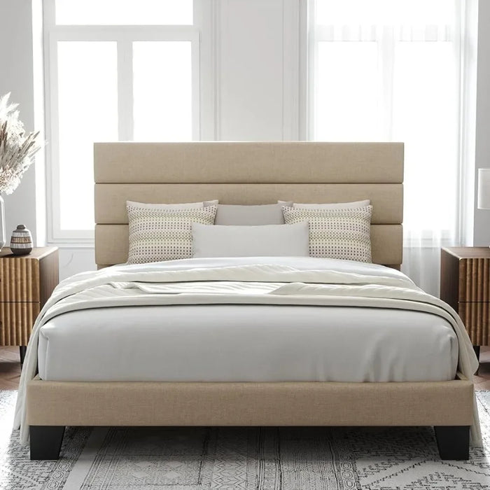 King size platform bed frame,Fabric upholstered headboard and wood slat support,Fully upholstered mattress base/Easy Assembly