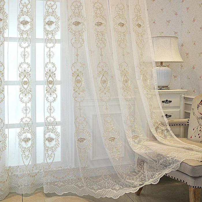 Nordic Modern High-end Luxury European Embroidered Gauze Curtains Living Room Hollow Three-dimensional Window Decor Lace Tulle