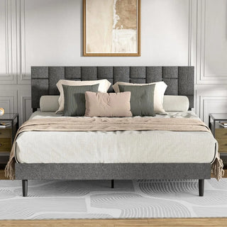 Queen Bed Frame with Geometric Headboard - Upholstered Queen Size Bed Frame - Modern Queen Platform Bed Frame - No Box Spring