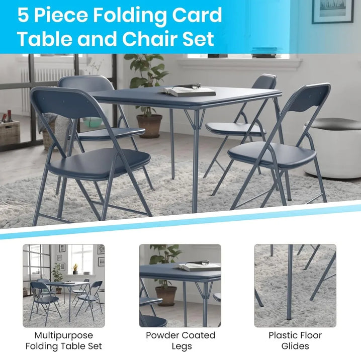 5 Piece Navy Folding Card Table and Chair Set