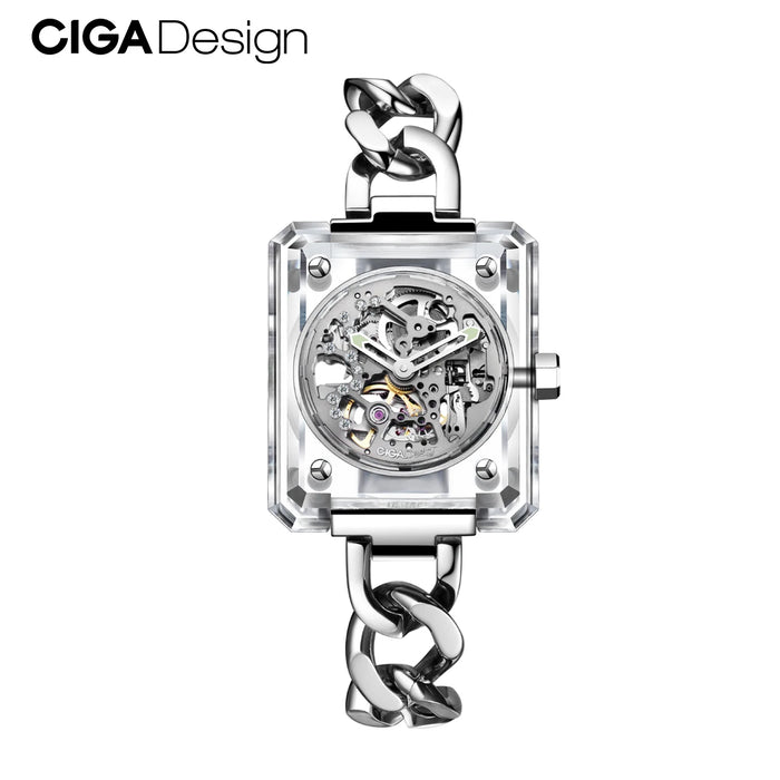 CIGA Design Transparent Automatic Skeleton Watch for Women Luxury R Series K9 Crystal Love Exquisite Wrist Timepiece 3 Straps