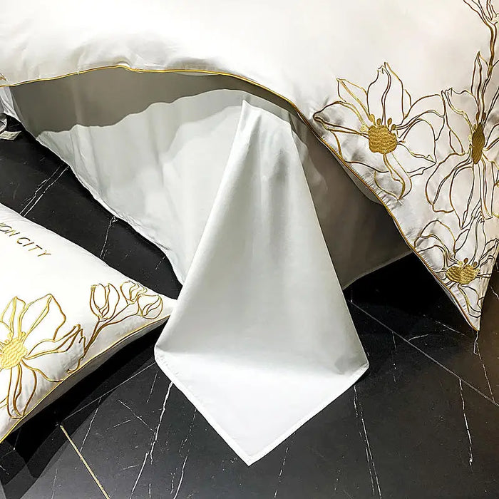 Golden Embroidered Duvet Cover Set 100%Cotton 4pcs Quilted Pure White Bedding Bed Sheet Pillowcases Home Textile