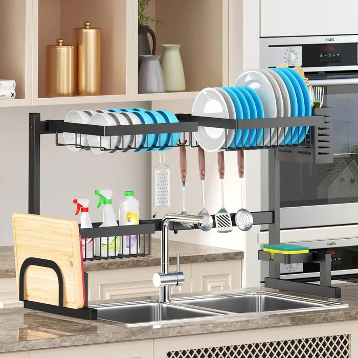 Adjustable Over Sink Dish Drying Rack 3 Tier, 2 Cutlery Holders Drainer Shelf for Kitchen Storage Counter Organizer Stainless