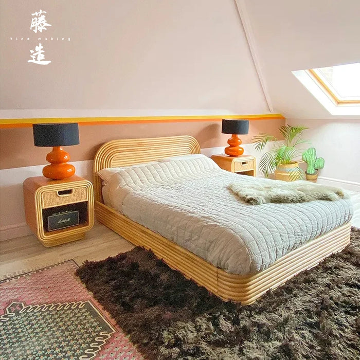 Double 1.5-meter rattan bed, solid wood rattan woven Japanese style 1.8 bed, modern natural wood color small unit bedroom