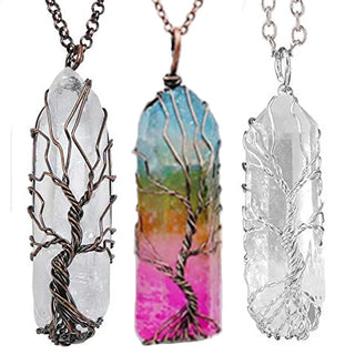 7 Chakra Natural Rainbow Stone Pendant Healing Crystal Necklace Unisex Long Chain Tree of Life Statement Jewelry Gift