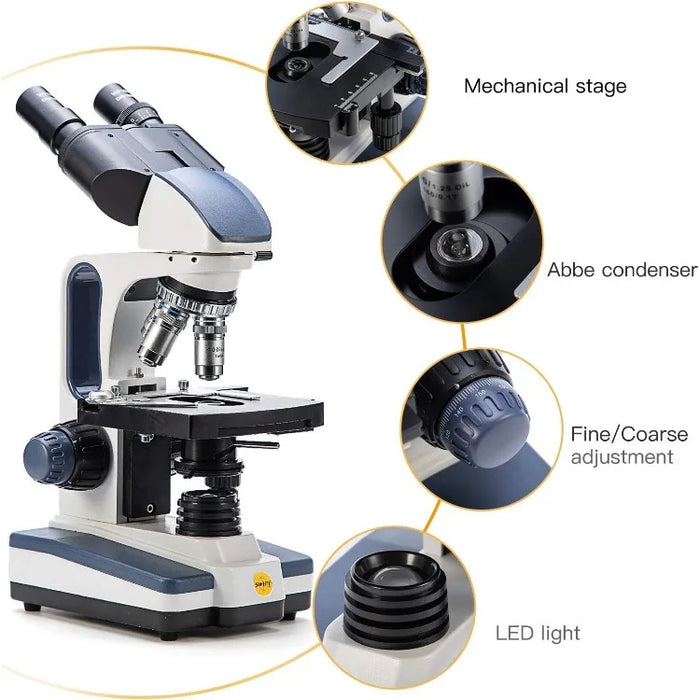 Binocular Compound Microscope SW350B, 40X-2500X Magnification,Siedentopf Head,Research-Grade,Two-Layer Mechanical Stage