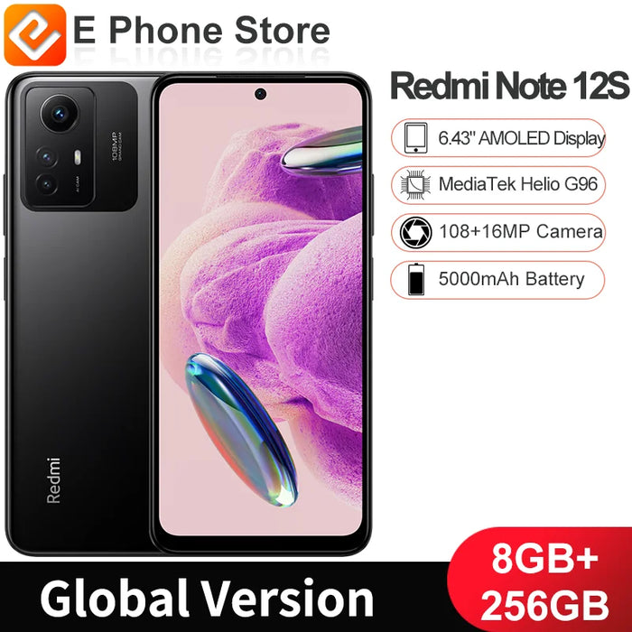 Global Version Redmi Note 12S 8GB+256GB 6.43" AMOLED Display  MediaTek Helio G96 108MP+16MP Camera 5000mAh Battery (New)