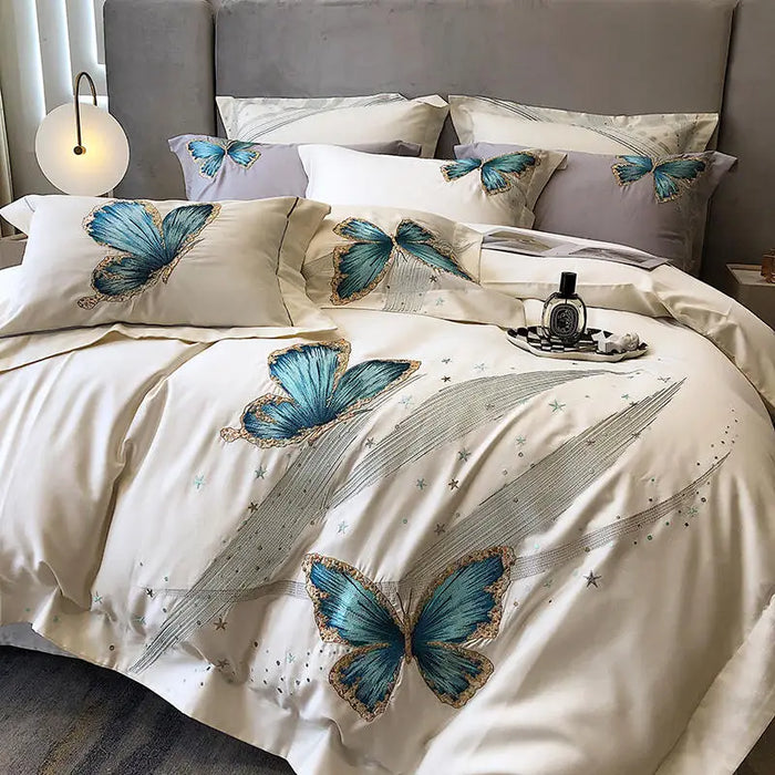 Blue Butterfly Embroidery Bedding Set Luxury White 1000TC Egyptian Cotton Super Soft Duvet Cover Bed Sheet Linen Pillowcases