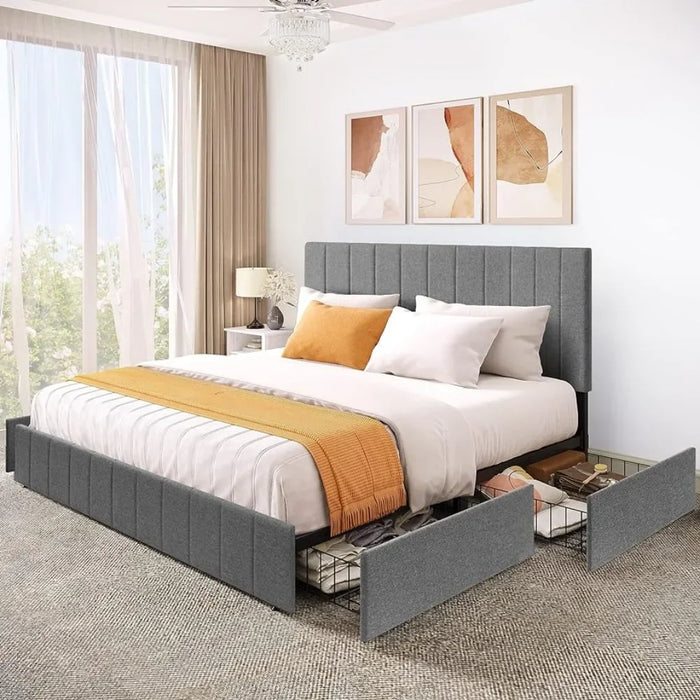 Bedroom furniture, king size bed frame, upholstered bed frame, with 4 storage drawers, no spring box required, grey