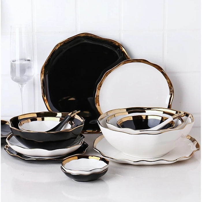 Classical Nordic Bone China Plates Set Black Dinnerware Serving Kitchen Dessert Dish Golden Edge Tableware Porcelain White