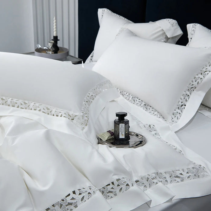 Pure White Egyptian Cotton Bedding Set Luxury Hollow Out Embroidery Duvet Cover Bed Sheets Pillowcases High-end Hotel Bed Set