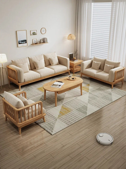 Nordic solid wood fabric sofa, living room, three-person combination, Japanese simple beige cream style furniture, quiet wind