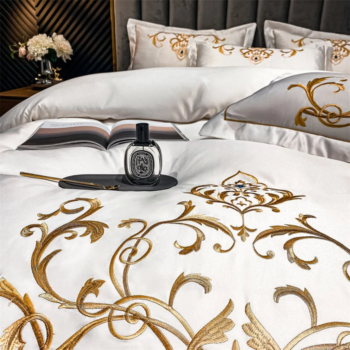 Golden Embroidery Duvet Cover Set King Queen Size 4pcs Luxury White Satin Cotton Bedding Bed Sheet Pillowcases Home Textiles