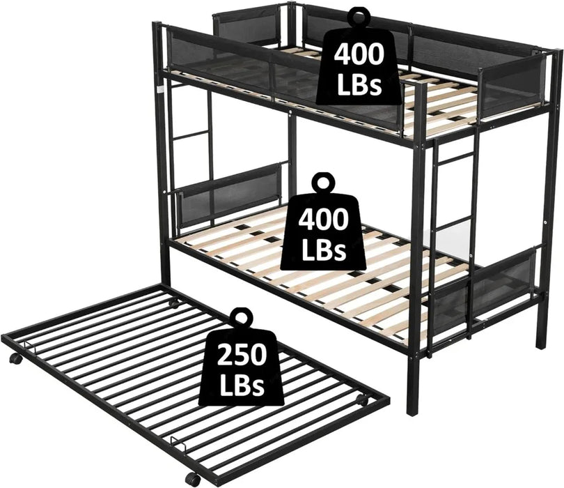 Twin Over Twin Metal Bunk Bed with Trundle, Twin Size Triple Bunk Beds Frame with 2 Side Ladders 3 Kids/Adults, Noise-Free Wood