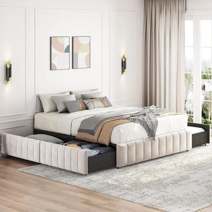Queen Bed Frame Upholstered Platform Bed With 4 Storage Drawers, Large Storage Space/Strong Wooden Slats/Beige Queen Bed