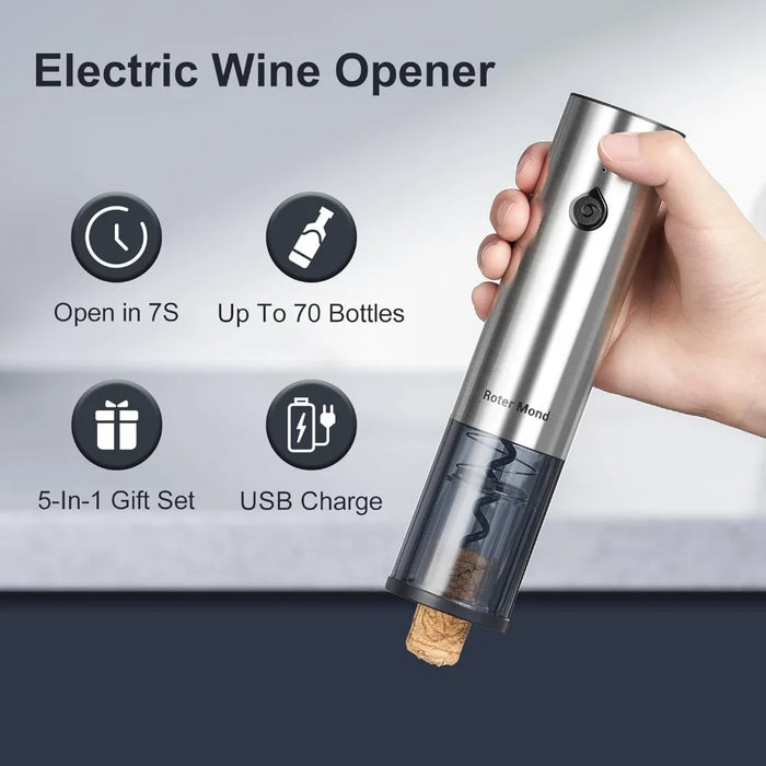 Electric bottle opener set, automatic bottle opener set with electric wine decanter inflator, 2 vacuum stoppers