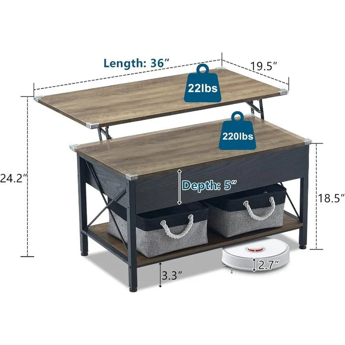 36" Lift Top Coffee Table with Free Cloth Storage Bins, White Walnut Frame, Small Modern Style, Dark Walnut