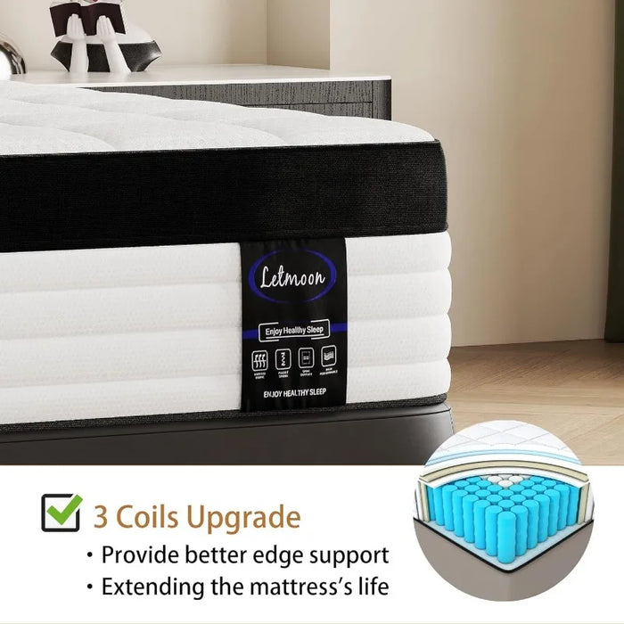 Full Size Mattress, 10 Inch Hybrid Full Mattress in a Box, Memory Foam and Pocket Springs, 3 Coils Strong Edge Support