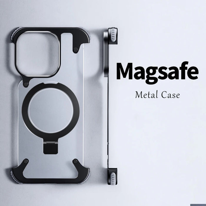 Luxury Magnetic Magsafe Rimless Frosted Metal Phone Case For iPhone 14 13 15 Pro Max Plus Aluminum Stand Shell Matte Back Cover