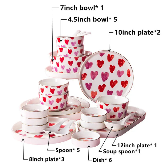 24 Piece Japanese Style Heart-shaped Pattern Tableware Sets Food Bowl Spoon Ramen Plates Dinnerware Set Utensils For Kitchen