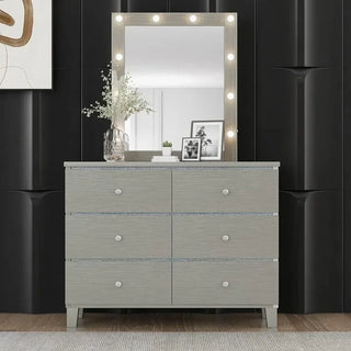 Dresser, Bedroom Wooden Dresser with 6 Drawers Modern Wide Storage Compartment with Round Crystal Handle Dressing Table