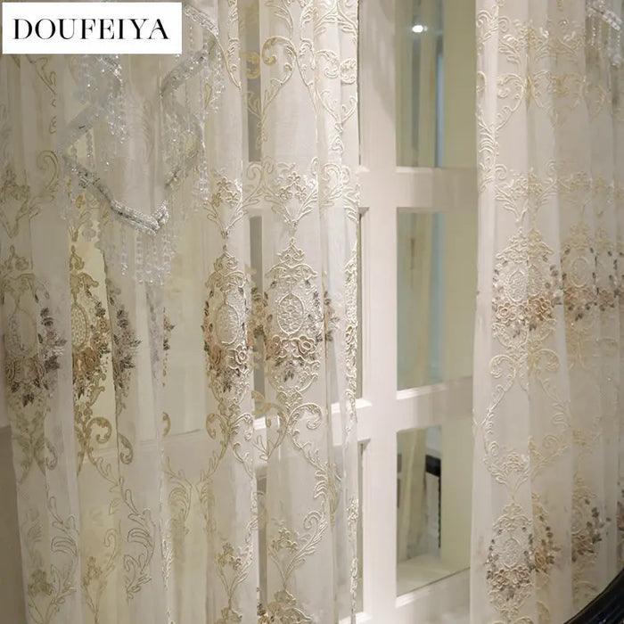 European Luxury Turkish Embroidered Curtains Sheer for Living Room Bedroom Floral Curtain Tulle Sheer Window Drapes Embroidered