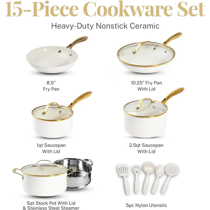 15 Pcs Ceramic Pots & Pans Set Non Stick, Ceramic Kitchen Cookware Sets, Non Toxic Cookware Set, Dishwasher Safe, Cream White