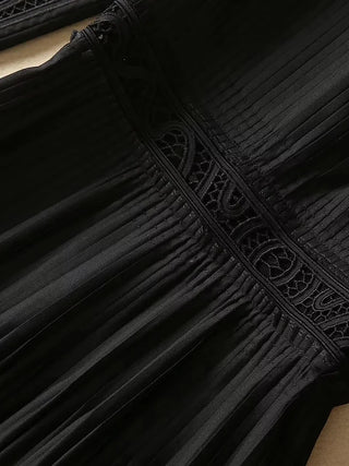 AELESEEN Designer Fashion Women Lace Dress Spring Summer Black Flower Embroidery Hollow Out Pleated Elegant Party Long