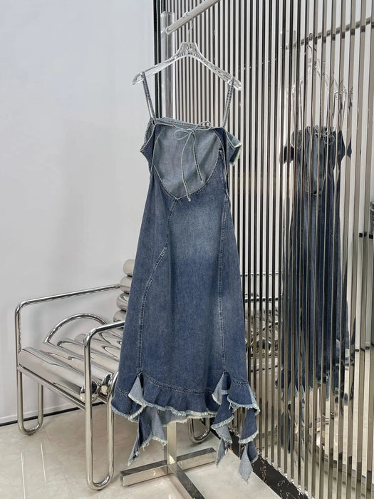 2024 Spring/Summer New Women's Wear Irregular Raw Hem Washed Denim Suspender Dress 0420