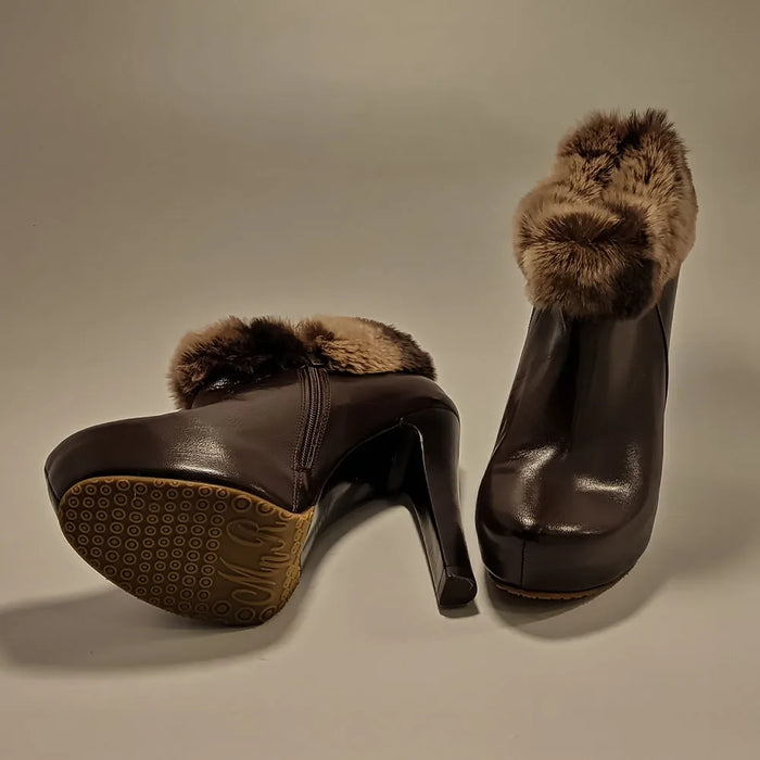 Winter Autumn Women Platform Base High Heels Ankle Fur Genuine Leather Comfortable Black Brown Best Quality Stylish Booties