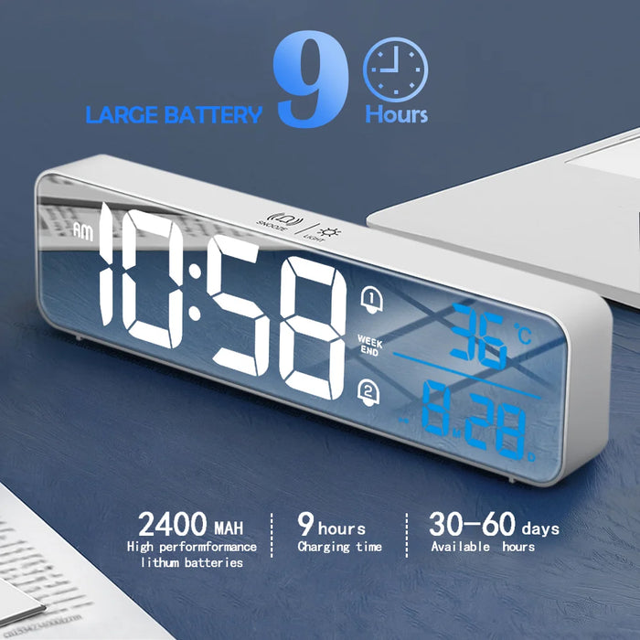 Music LED Digital Alarm Clock Temperature Date Display Desktop Mirror Clocks Home Table Decoration Voice Control 2400mAh Battery