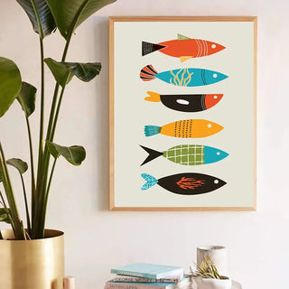 Mid Century Modern Abstract Canvas Prints Fish Poster Wall Art Decor, Mid Century Fish Art Painting Picture Home Room Wall Decor