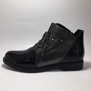 Women Genuine Leather Black Ankle Winter Boots Autumn shoes Female Thick Short Booties Real Patent Leather With Swarovski Stones