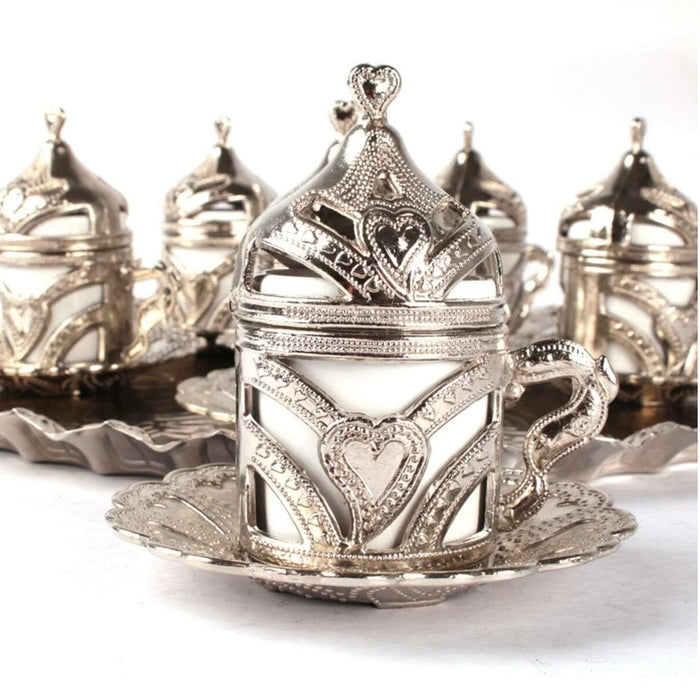 Turkish Coffee Silver Set of 6 Tray And Sugar Bowl Mug Espresso Set With Maker Anatolian Ottoman Design Made in Turkey Kitchen