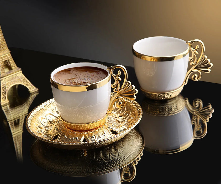 Turkish Gold Coffee Cups Plate Serving Set 6 Person Ceramic Coffee Mugs Best For Home Decoration Demitasse Porcelain Hmtstore