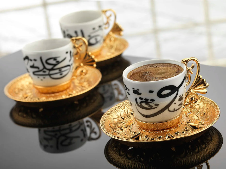 Turkish Gold Coffee Cups Plate Serving Set 6 Arabic Person Set Ceramic Coffee Mugs Best For Home Decoration Alanur Porcelain Hmt