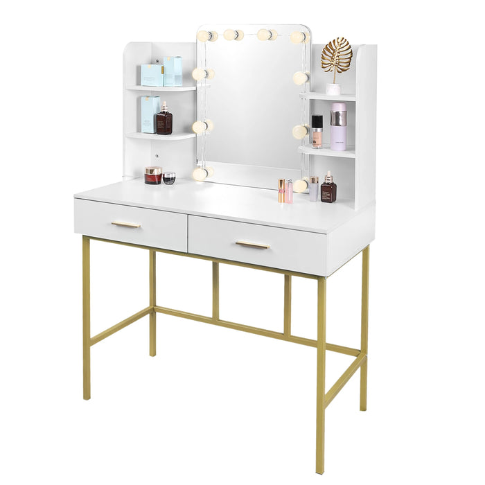 White Gold Vanity Desk Modern Dresser Dressing Table with Mirror Makeup Table with LED Lighting 2 Drawers Household Bedroom