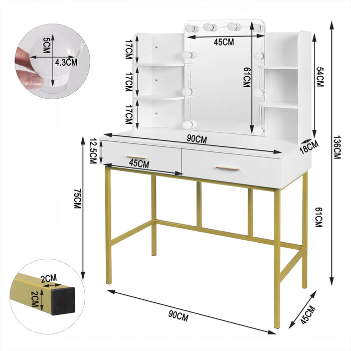 White Gold Vanity Desk Modern Dresser Dressing Table with Mirror Makeup Table with LED Lighting 2 Drawers Household Bedroom