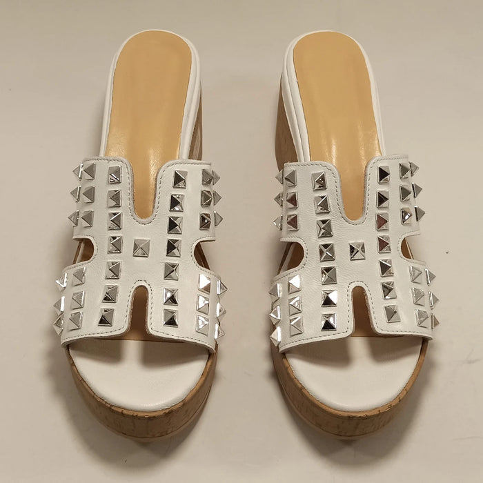 Women White Platform Slippers Spring Summer Fashion Cork Wedges Flip Flops Designer Sandals Real Genuine Leather Heeled Shoes