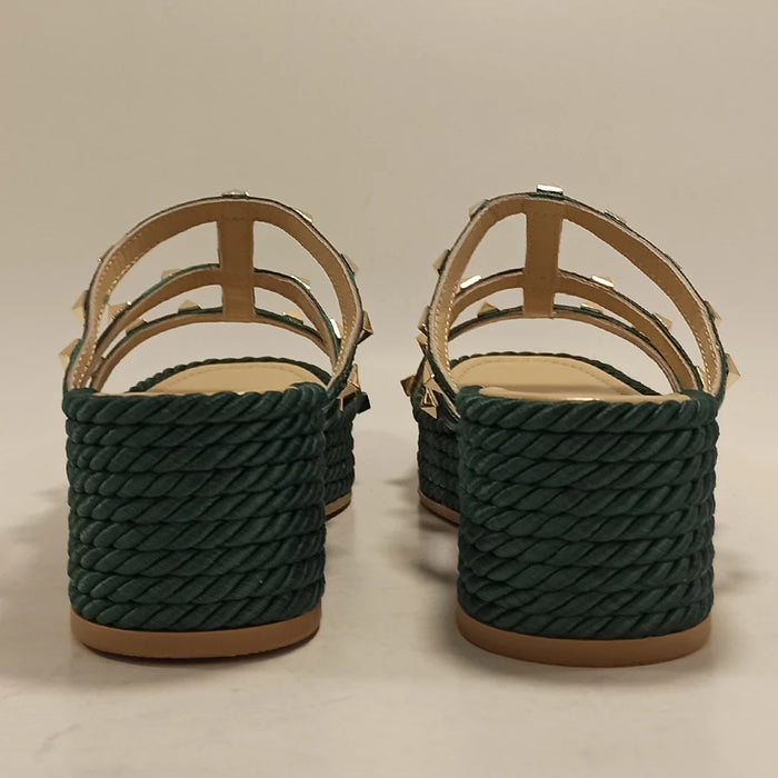 Women Green Platform Slippers Spring Summer Fashion Rope Wedges Flip Flops Designer Sandals Real Genuine Leather Heeled Shoes