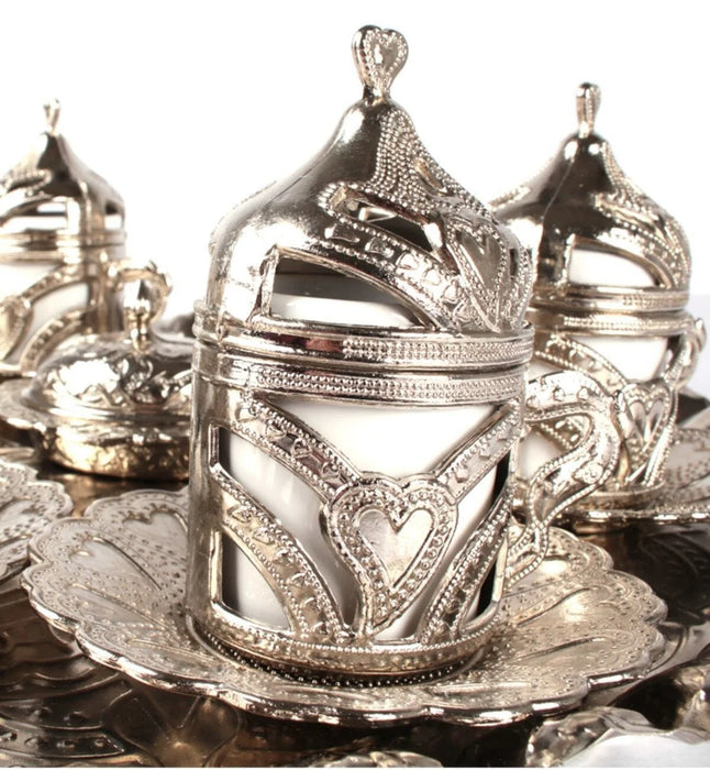 Turkish Coffee Silver Set of 6 Tray And Sugar Bowl Mug Espresso Set With Maker Anatolian Ottoman Design Made in Turkey Kitchen