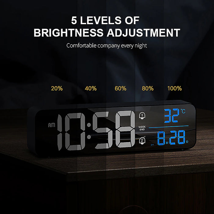 Music LED Digital Alarm Clock Temperature Date Display Desktop Mirror Clocks Home Table Decoration Voice Control 2400mAh Battery